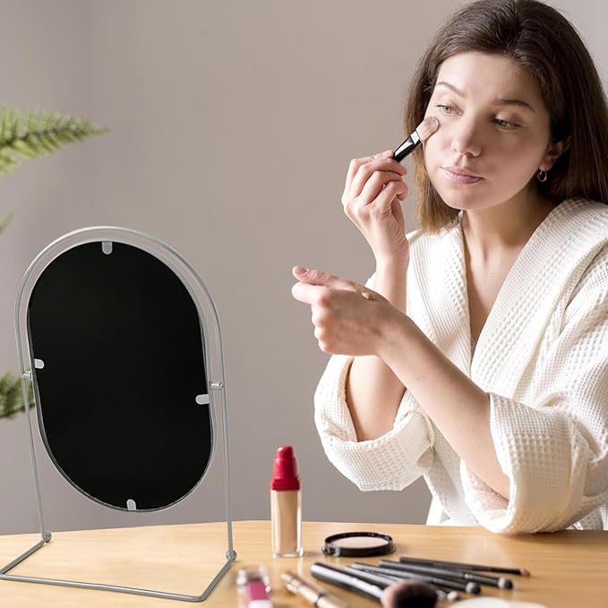Tabletop Vanity Makeup Mirror, 360°Rotation Standing Desk Table Vanity Silver Make up Mirror for Bathroom or Bedroom