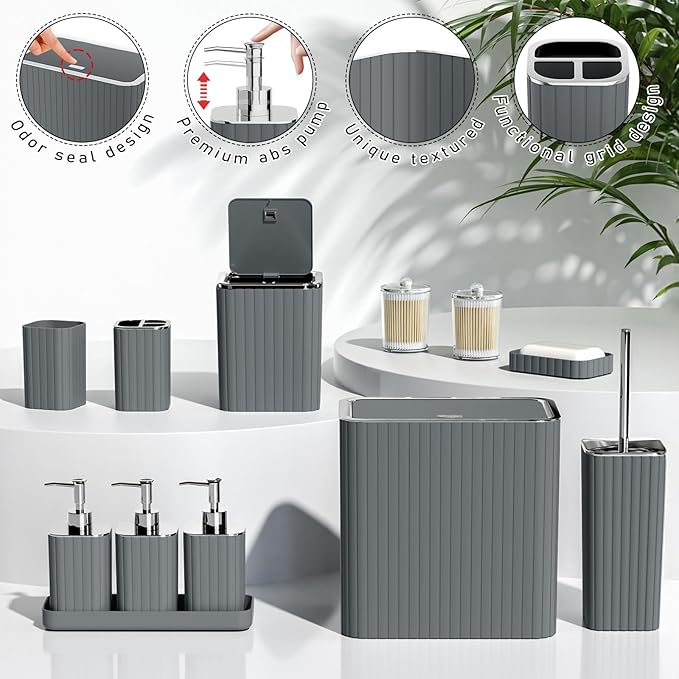 Bathroom Accessory Set - Bathroom Set, 12PC Bathroom Accessories Set, Grey Bathroom Accessories Set, Mini Trash Can, Toilet Brush, Trash Can & Soap Dispenser