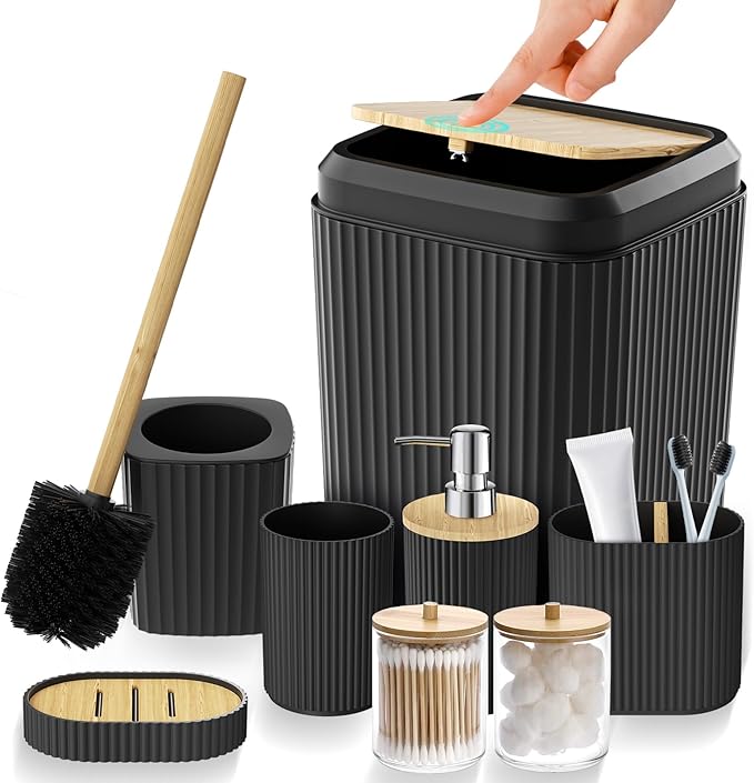 Bathroom Accessories Set - Unbreakable Black Bathroom Set, Trash Can, Toilet Brush with Holder, Soap Dispenser, Toothbrush and Toothpaste Holder, Tumbler Cup, Soap Dish, Qtip Holder, Bamboo Decor