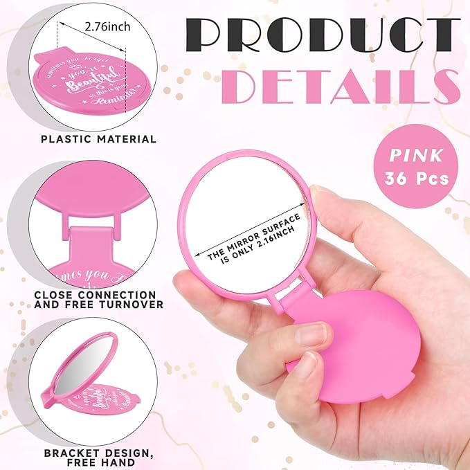 36 Pcs 2.76 Inch Inspirational Compact Mirror Bulk Women Small Gifts Graduation Party Favors Purse Mirror Pocket Mini Stuffer Items for Adult Coworker Cheerleader Employee (Pink)
