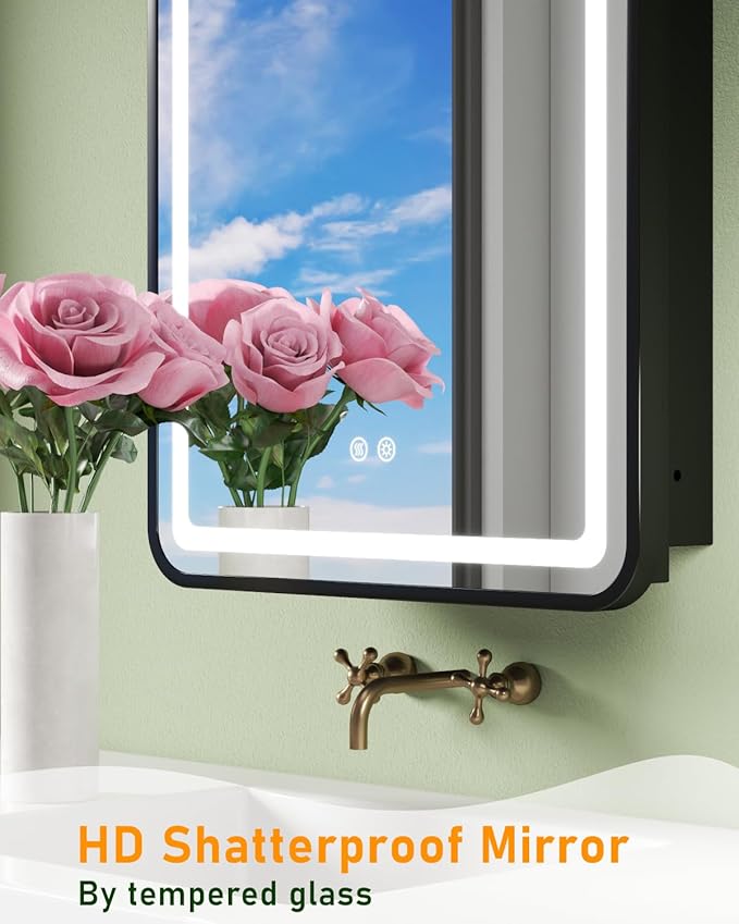 16x24 Inch LED Medicine Cabinet Mirror, Bathroom Mirror with Lights and Storage Wall Mounted & Recessed with Anti-Fog, Dimmable 3 Color Light with Memory, 2 Shelves & 1 Organizer Box, Right Hinge