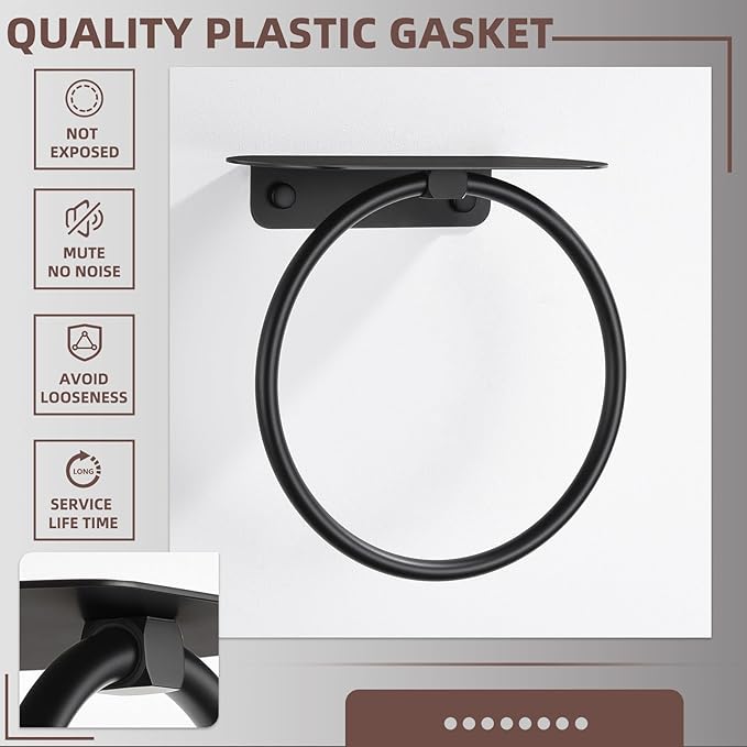 APLusee Matte Black Bath Towel Ring with Shelf, Stainless Steel Towel Holder, Wall Mount