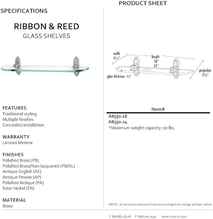 Alno A8550-24-PB Ribbon & Reed Glass Shelf with Traditional Brackets, Polished Brass, 24"