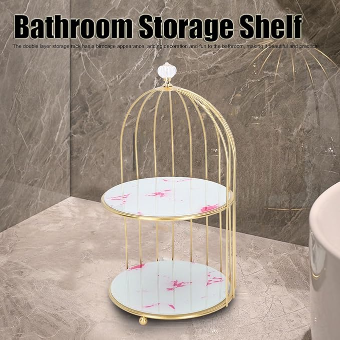 Double Layer Storage Shelf Bird Cage Organizer Display Rack for Bathroom Countertop Dressing Table Gold Frame (Pink Stone Pattern)