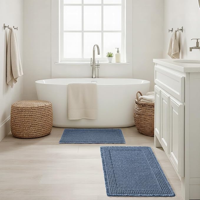 MIULEE Set of 2 Waffle Bathroom Rugs, Boho Bath Rug Super Absorbent, Non Slip Washable Ultra Soft Rubber Backed Shower Bath Mats for Floor, Tub, Shower, Bordered Design, Blue, 18x30 Inch