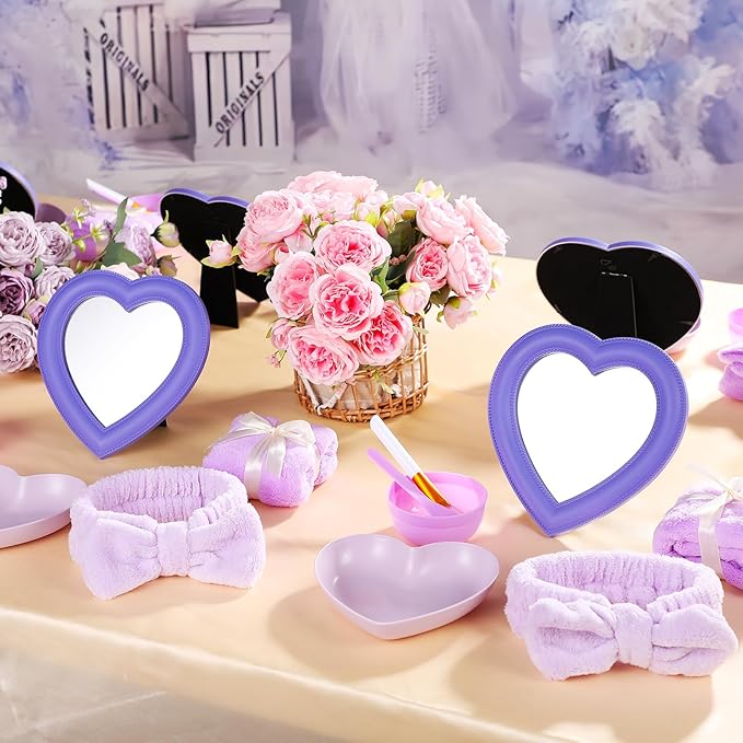 GlikCeil 8 Pcs Spa Party Supplies 8 Heart Shaped Mirror Purple for Sleepover Party Favors Makeup Mirror for Spa Slumber Birthday Favor