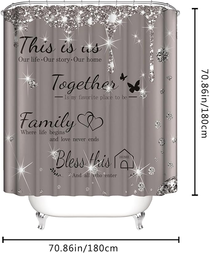 juwute 4Pcs Family Shower Curtain Sets with Non-Slip Rugs, Toilet Lid Cover and Bath Mat,Grey Glitter Diamond Home Bathroom Decor Set Accessories Waterproof Shower Curtains with 12 Hooks, 72 x 72 Inch