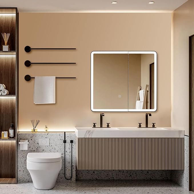 IDYLLOR LED Bathroom Medicine Cabinet with Round Corner Framed Mirror Door 22 x 20 inch, Recessed or Surface Mount, with Adjustable Glass Shelves Shelves