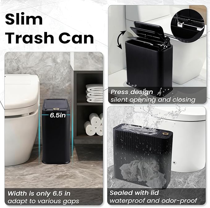 XLHOMO Black and Gold Bathroom Accessories Set - 9 Piece Complete Organization Kit with Slim Pop-up Trash Can, Toilet Brush, Lotion Dispensers, Jars & Soap Dish - Modern Matte Stripe Bathroom Decor