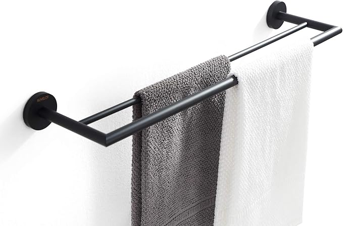 Double Towel Bar 26 Inches, Bathroom Hotel Style Towel Holder, Lavatory Bath Towel Shelf, Modern Minimalist Towel Rack for Bathroom Wall Mounted, Matte Black, 077080-MB Leo Series