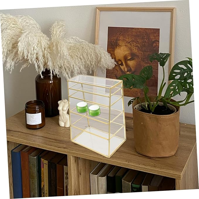 FOMIYES 1pc Multilayer Makeup Organizer Storage Rack Brass Glass Cosmetic Holder for Lipstick and Powder Stylish Desktop Makeup Display Storage for Home and Vanity