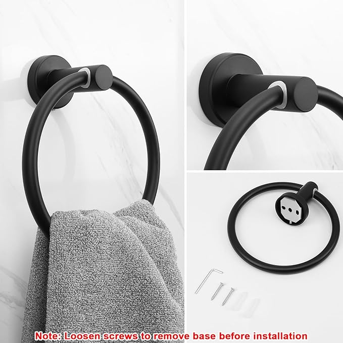 NearMoon Bath Towel Ring, Bathroom Hardware Accessories-Thicken Stainless Steel Hand Towel Holder for Bathroom, Modern Round Towel Hanger Wall Mounted (Matte Black, 1 Pack)