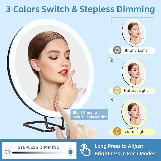 6" 20x Magnifying Mirror with Light Suction Cup,Led Close up Makeup Mirror for Tweezing with 360° Stand,3 Color Lighted Personal 20x Mirrors,20 Times Concave Zoom for Closer Partial Details
