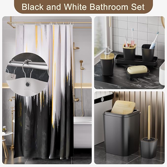 XLHOMO Black Bathroom Accessories Set - 24PCS Bathroom Sets with Shower Curtain and Rugs,Waterproof Black and White Shower Curtain Set, Toilet Brush, Trash Can & Soap Dispenser
