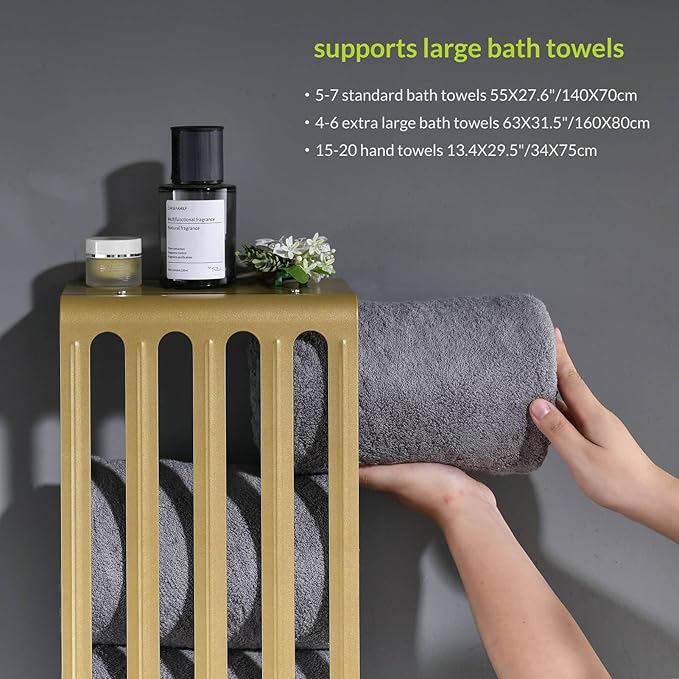 simpletome Towel Storage Rack Adjustable Height Wall Mount Bathroom Shelf Organizer Carbon Steel (Warm Gold)