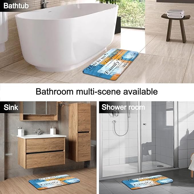 Lnond 4Pcs Bathroom Shower Curtain Sets with Rugs, Orange Blue Motivational Home Family Bathroom Sets with Shower Curtain and Rugs and Accessories