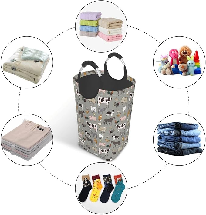 Farm Animals Laundry Basket Cow Foldable Laundry Hamper Pig Collapsible Laundry Baskets with Handles Clothes Hamper Laundry Tote Bag for Dorm Family Storage Bin 50L