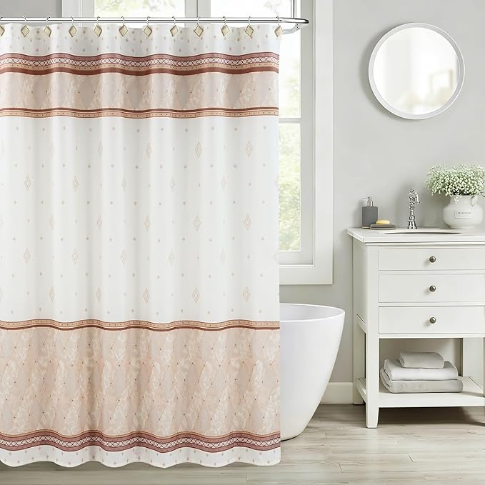 Long Fabric Shower Curtain, Narrow Width Beige Brown Stripe Waterproof Curtain for Tub or Stall，54" W x 78" H