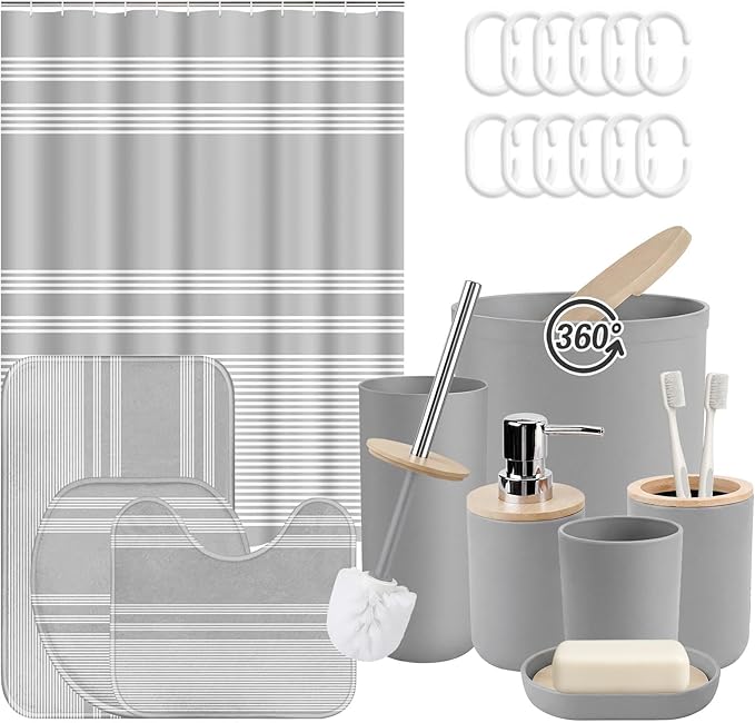 Grey Bathroom Decor and Accessories Set, Striped Gray Shower Curtain and Rug Set with Trash Can, Soap Dispenser, Soap Dish, Toothbrush Holder, Toothbrush Cup, Toilet Brush