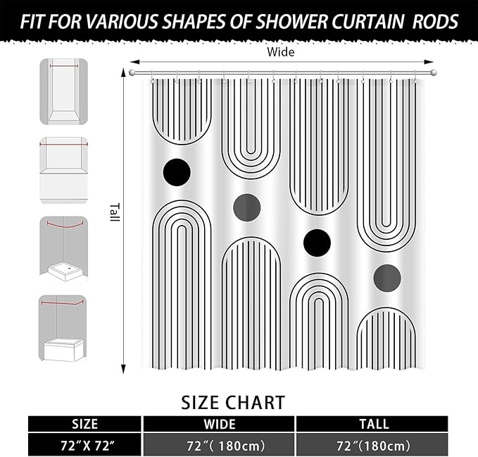 Boho Mid Century Shower Curtain Set, Modern Minimalist Arch Lines Sun Abstract Aesthetics Bathroom Decor, Waterproof Fabric White Bohemian Bath Curtain with 12 Hooks 72x72 inches