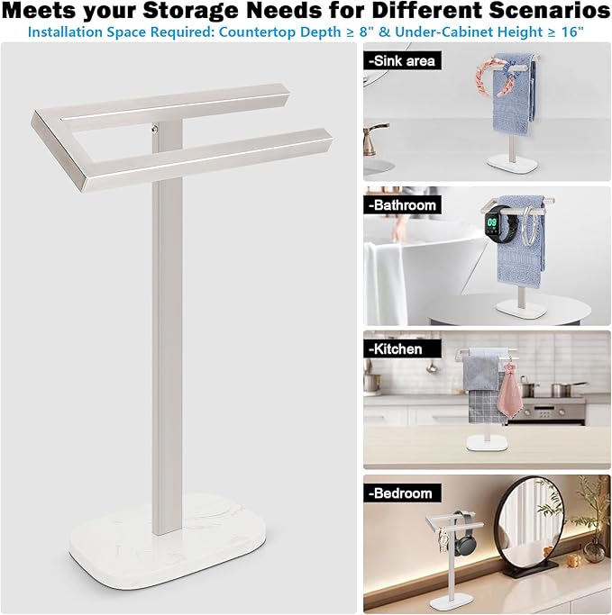 Livabber Standing Hand Towel Holder, 304 Stainless Steel Hand Towel Rack Stand with Heavy Marble Base, Bath Accessories, Towel Ring for Bathroom Kitchen Countertop, 14 Inch (Brushed Nickel)