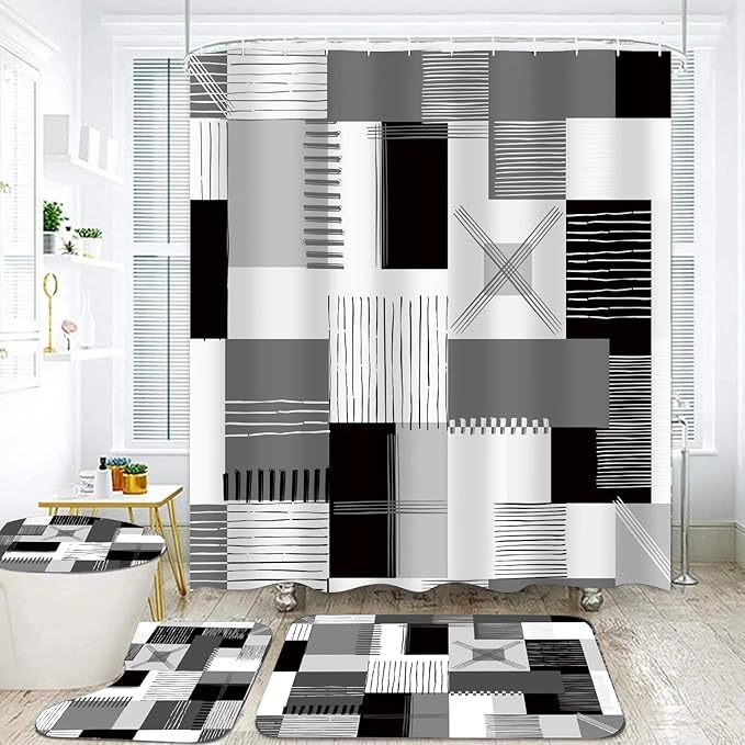 All Smiles Black Shower Curtain Sets with Non-Slip Rugs,Toilet Lid Cover and Bath Mat,White and Gray Bathroom Decor Set Accessories Waterproof Shower Curtains