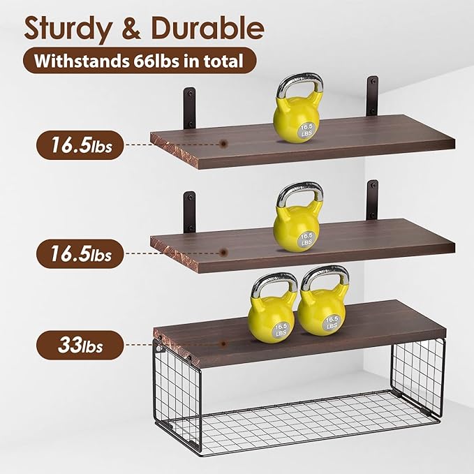 2 in 1 Floating Shelves with Storage Basket, Sturdy Paulownia Wood Wall Shelves for Bathroom Living Room
