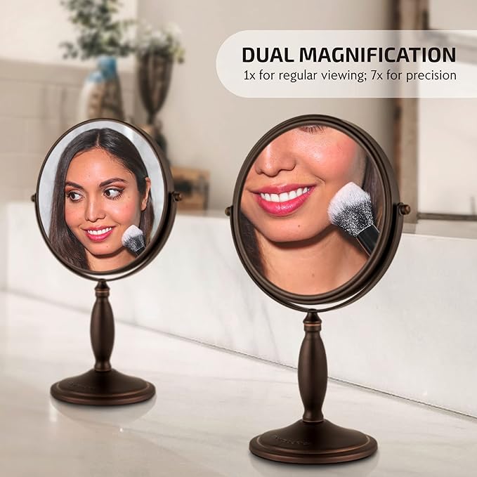 OVENTE 8'' Tabletop Makeup Mirror with 1X/7X Magnification, 360° Swivel Design and Double-Sided Free-Standing Vanity Mirror Perfect for Dresser, Bedroom and Office Desk, Antique Bronze MNLAT80ABZ1X7X