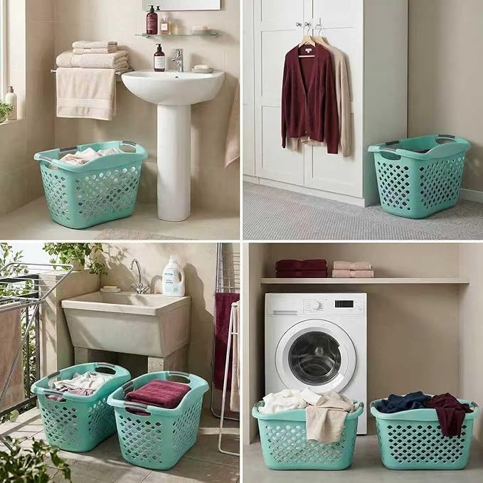 (2 Pack) 1.8 Bushel Hip Hugger Laundry Basket, Teal Flexible Plastic Hamper - Easy 1-Hand Carry(Home/Laundry Room)