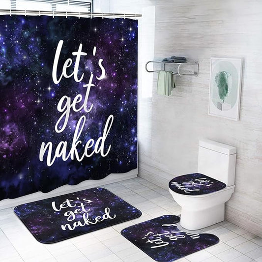 ArtSocket 4PC Black and Purple Let's Get Naked Shower Curtain Sets Starry Sky Bathroom Decor with Rugs, Non-Slip Rug,Toilet Lid Cover, Bath Mat and 12 Hooks 72x72 inches