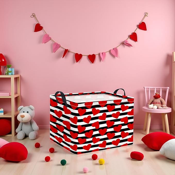Rectangular Valentines Basket for Women Girls Storage Bin Organizer Box Shelf Room Decor(Black Red Heart)