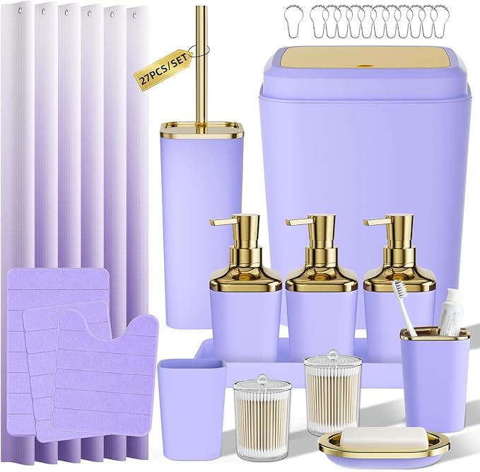 Bathroom Set - 27PC Bathroom Sets with Shower Curtain and Rugs, Purple Bathroom Set, Purple Bathroom Accessories Set with Push-lid Trash Can, Toilet Brush & Soap Dispensers