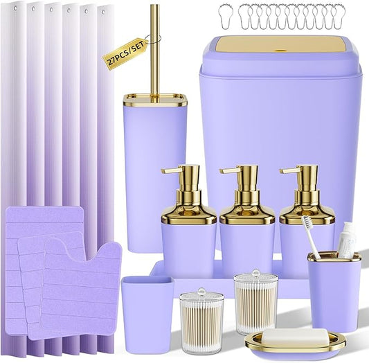 Bathroom Set - 27PC Bathroom Sets with Shower Curtain and Rugs, Purple Bathroom Set, Purple Bathroom Accessories Set with Push-lid Trash Can, Toilet Brush & Soap Dispensers
