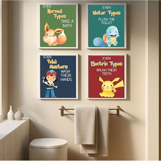 Silly Goose Gifts Even Electric Types Brush Teeth Take A Bath Wash Hands Bathroom Wall Art Decor Prints Reminder Sign (Set of Four) Pocket Monster