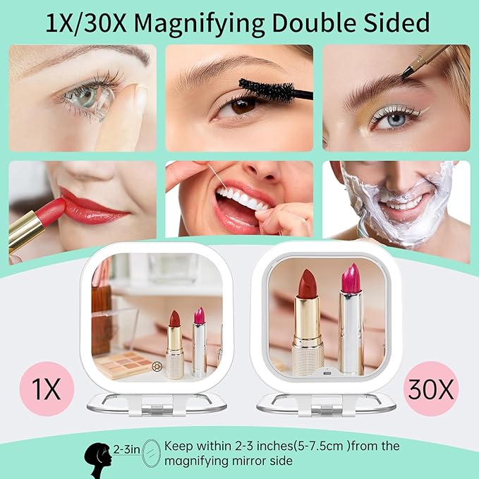 FASCINATE Rechargeable Travel Makeup Mirror 30X Magnification, 7" Lighted Portable Vanity Mirror with 3 Colors Lighting & Stepless Dimming, Double Sided LED Mirror, Gift for Women (White)