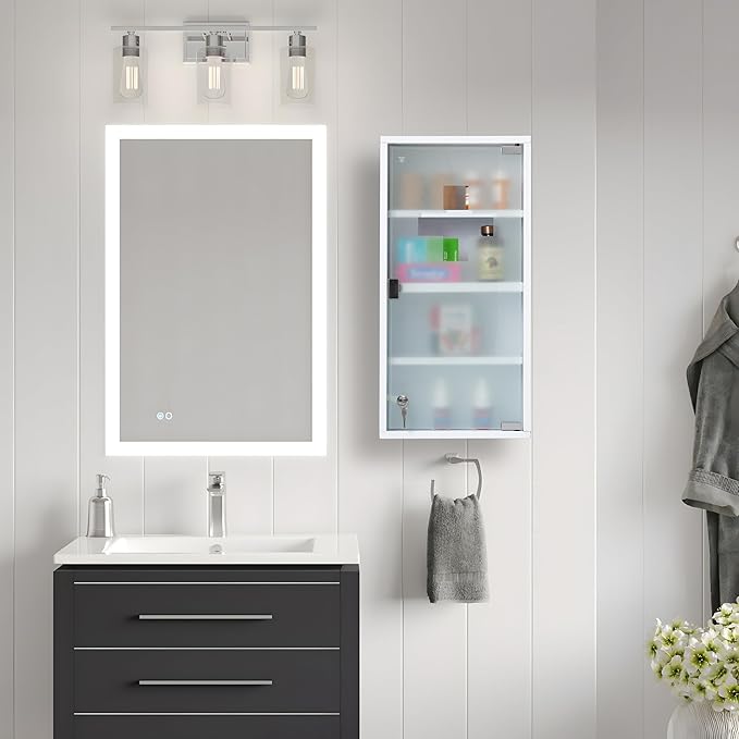 Locking Medicine Cabinet, 11.8" W x 23.6" H x 4.7" D - Wall Mount Metal Medicine Cabinet with Lock, White Medical Cabinet, Frosted Glass Door with Keys and First Aid Cross Sign, 4 Shelves