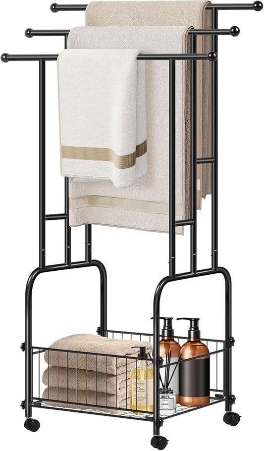 Freestanding Towel Rack for Bathroom, 3-Tier Durable Black Metal Stand with Wheels and Basket, Towel Drying Rack, Multi-Use Blanket Rack for Indoor/Outdoor Bathroom