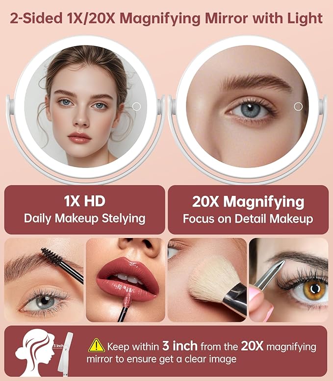 Benbilry 20X Magnifying Mirror with Light, Rechargeable 4000mAh Lighted Makeup Mirror with Magnification, Adjustable Height, 3 Color Modes, 2-Sides Vanity Mirrors for Desk Bathroom Bedroom, White
