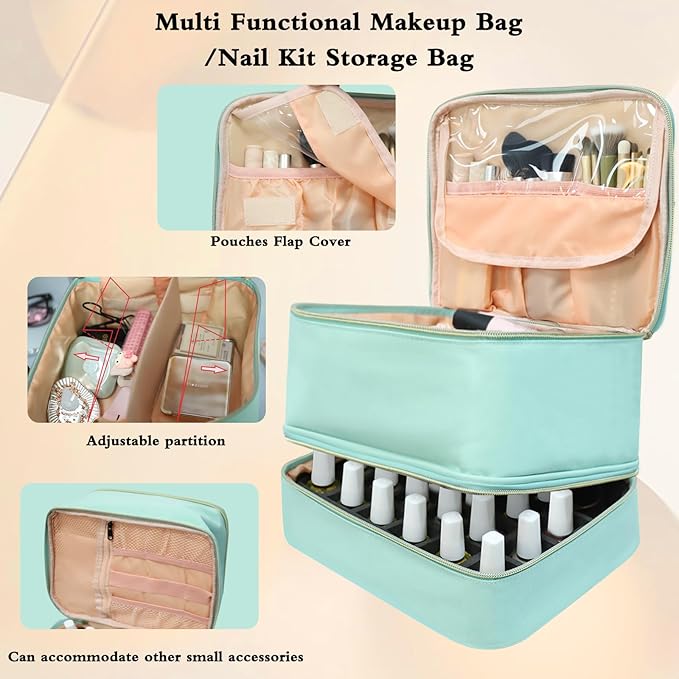 Nail Polish Organizer Bag, Double-Layer Nail Supplies Organizer Holds 30 Bottles & Nail Lamp, Professional Nail Kit Storage Make up Carrying Case (Green)