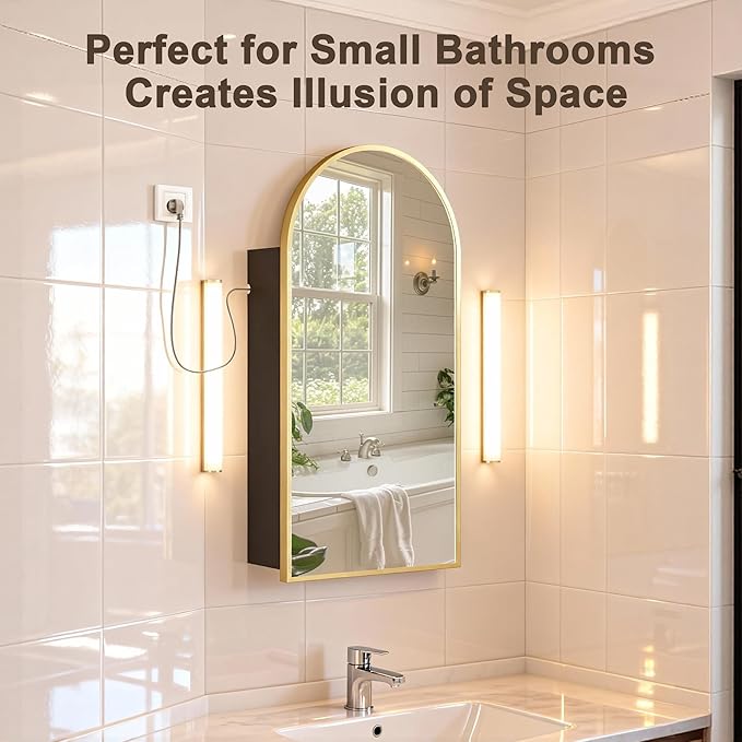 FKWin Arched Bathroom Mirror with Storage and Power Outlet, Gold Medicine Cabinet with Mirror for Left or Right Opening, not Recessed, Bathroom Vanity Mirror with Storage, Gold, 16x32 inch
