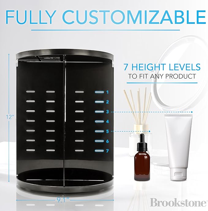 Brookstone 360° Spin Cosmetic Display Case for Vanity, Store Brushes, Lipsticks, and Other Fashion Accessories, Versatile Storage Solution, black