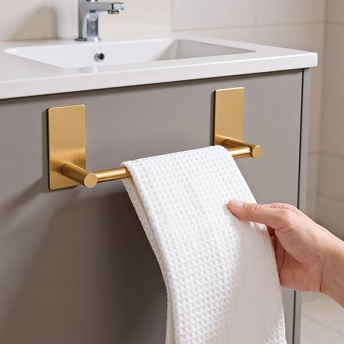 Songtec Gold Towel Bar 12-Inch, Adhesive Stick On Bath Towel Rack No Drill, Strong Adhesion Tape Mount Towel Holder, Stainless Steel - Brushed Gold