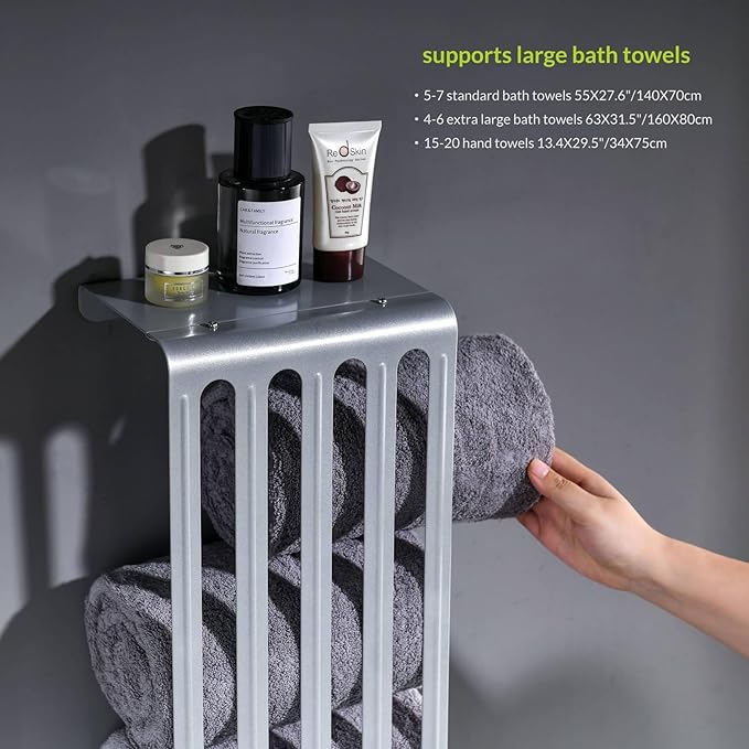 simpletome Towel Storage Rack Adjustable Height Wall Mount Bathroom Shelf Organizer Carbon Steel (Silver Grey)