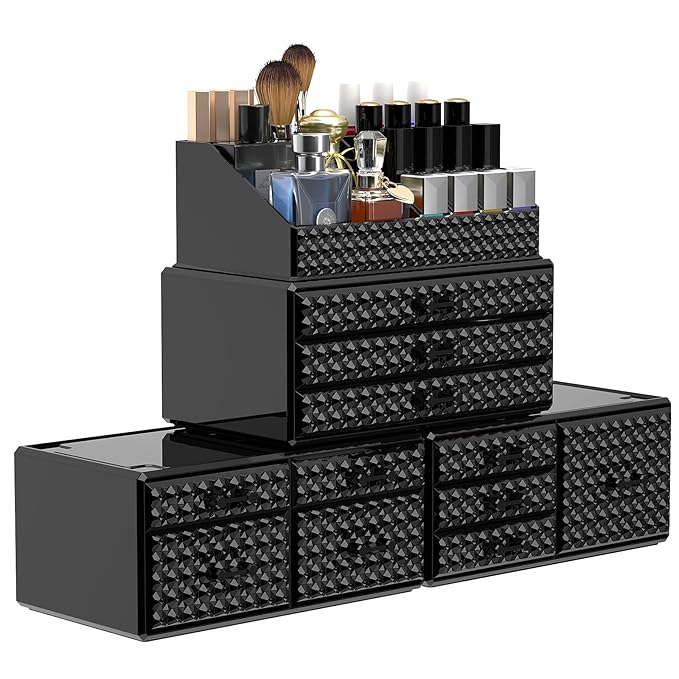 Awenia 4 Pack Stackable Makeup Organizer[Upgraded],Acrylic Cosmetics Storage Cases with 11 Drawers Perfume Organizers For Brush Holder or Jewelry Display,Plus Size(Black)