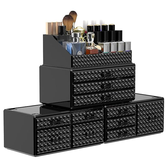 Awenia 4 Pack Stackable Makeup Organizer[Upgraded],Acrylic Cosmetics Storage Cases with 11 Drawers Perfume Organizers For Brush Holder or Jewelry Display,Plus Size(Black)
