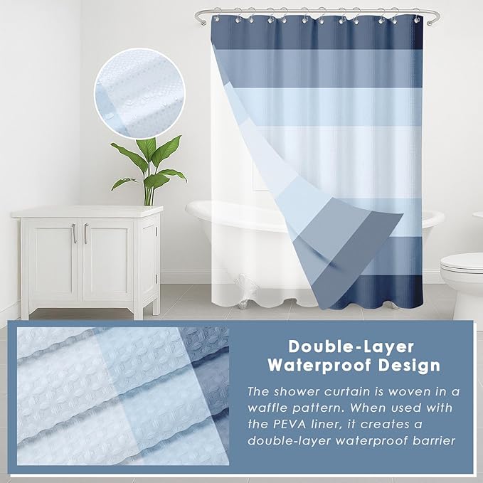 Britimes Blue Stripes Bathroom Sets with Shower Curtain and Rugs, Modern Minimalist Ombre Striped Waterproof Shower Curtain Liner and Soft Non Slip Bath Mat for Bathroom Decor and Accessories Hooks