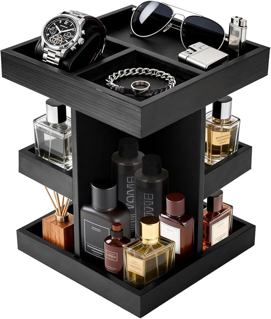 Cologne Organizer for Men, 3-Tier Rotating Perfume Stand - Large Capacity Wooden Display Shelf & Storage for Fragrance, Watch, Sunglasses - Modern Desk, Dresser Top, Bathroom Organizer - Birthday Anniversary Ideal Gift for Husband, Boyfriend, Father