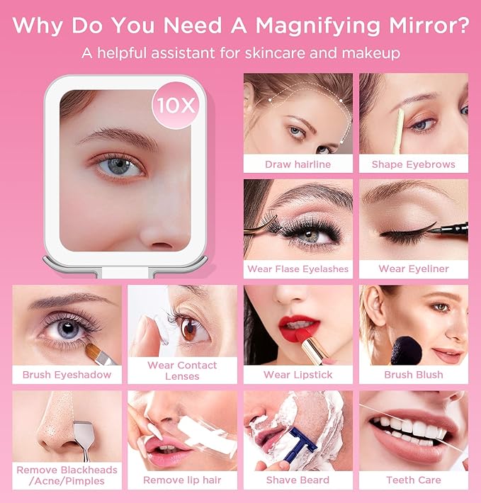 Travel Mirror with Lights, Magnifying Makeup Mirror 10X/1X Double Sided with 3 Color Lighting & Dimmable Touch Screen, Compact Handheld Cosmetic Vanity Mirror for Desktop Travel/Bathroom, Women Gifts