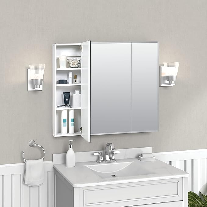 Zenith 29.75 in. W Beveled Tri-View Frameless Medicine Cabinet, Bathroom, White, Mirrored
