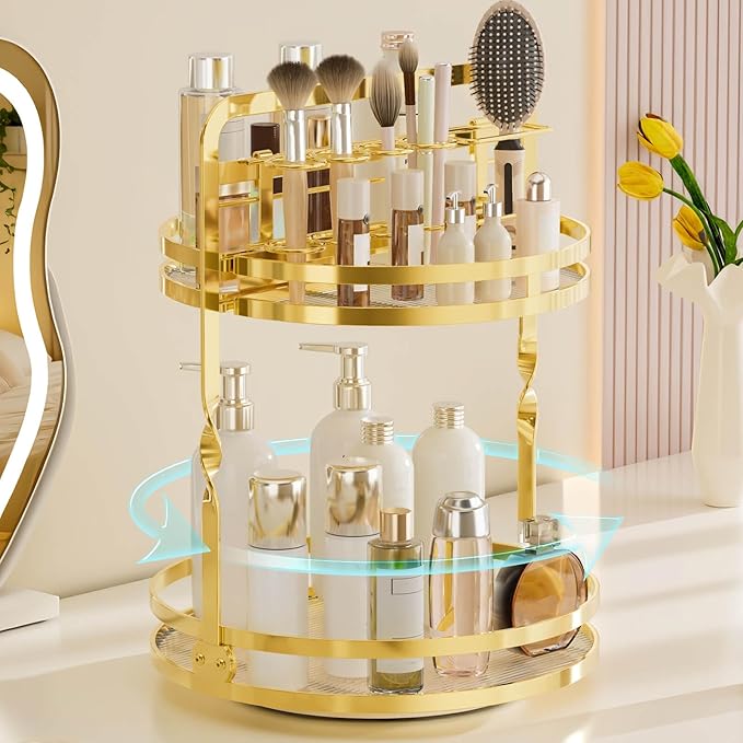 360 Rotating Makeup Organizer Vanity, Gold Perfume Organizer for Dresser, 2 Tier Bathroom Organizer Countertop,Spinning Cosmetic Display Lazy Susan for Women,Skincare Storage with Brush Holder